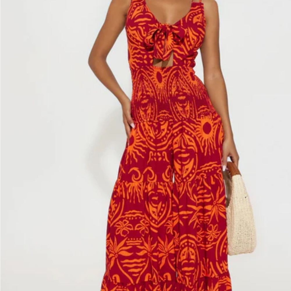 Fashion Nova Vibrant Red and Orange Jumpsuit